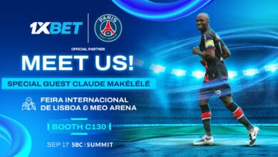 1xBet SBC Summit booth with PSG co-branded design in Lisbon