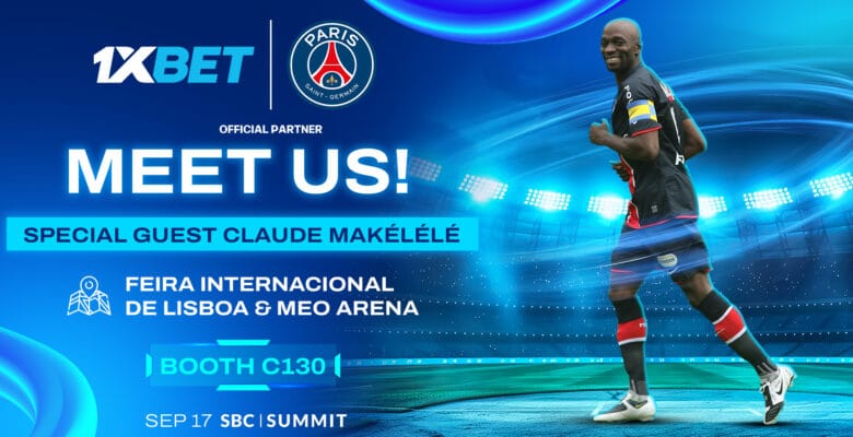 1xBet SBC Summit booth with PSG co-branded design in Lisbon