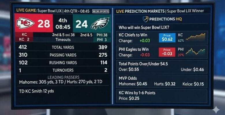 Genius Sports Prediction.com dashboard showing live sports data and prediction market pricing