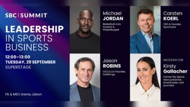 Michael Jordan, Sportradar CEO Carsten Koerl and DraftKings CEO Jason Robins on stage at SBC Summit Lisbon