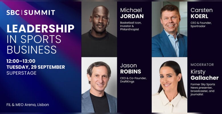 Michael Jordan, Sportradar CEO Carsten Koerl and DraftKings CEO Jason Robins on stage at SBC Summit Lisbon